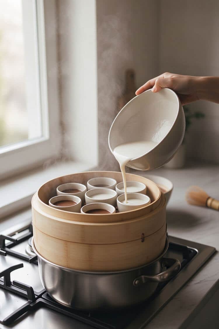 A hand pouring white rice batter from a bowl halfway into white ceramic ramekins placed inside a round bamboo steamer over a boiling pot on a gas stove