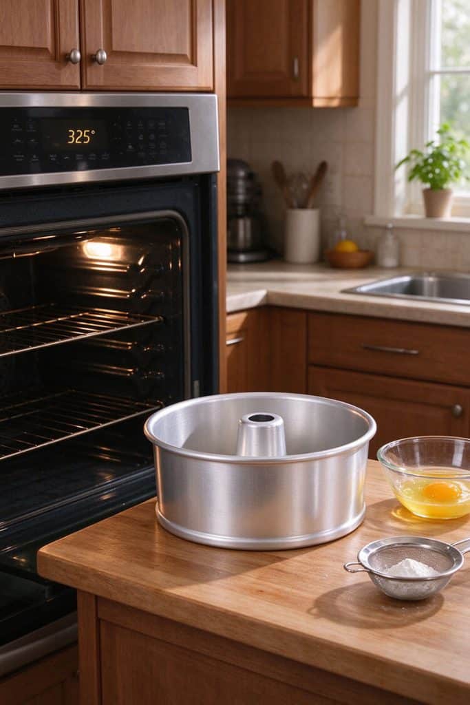 An ungreased aluminum tube pan on a wooden counter next to an oven preheating to 325 degrees Fahrenheit.