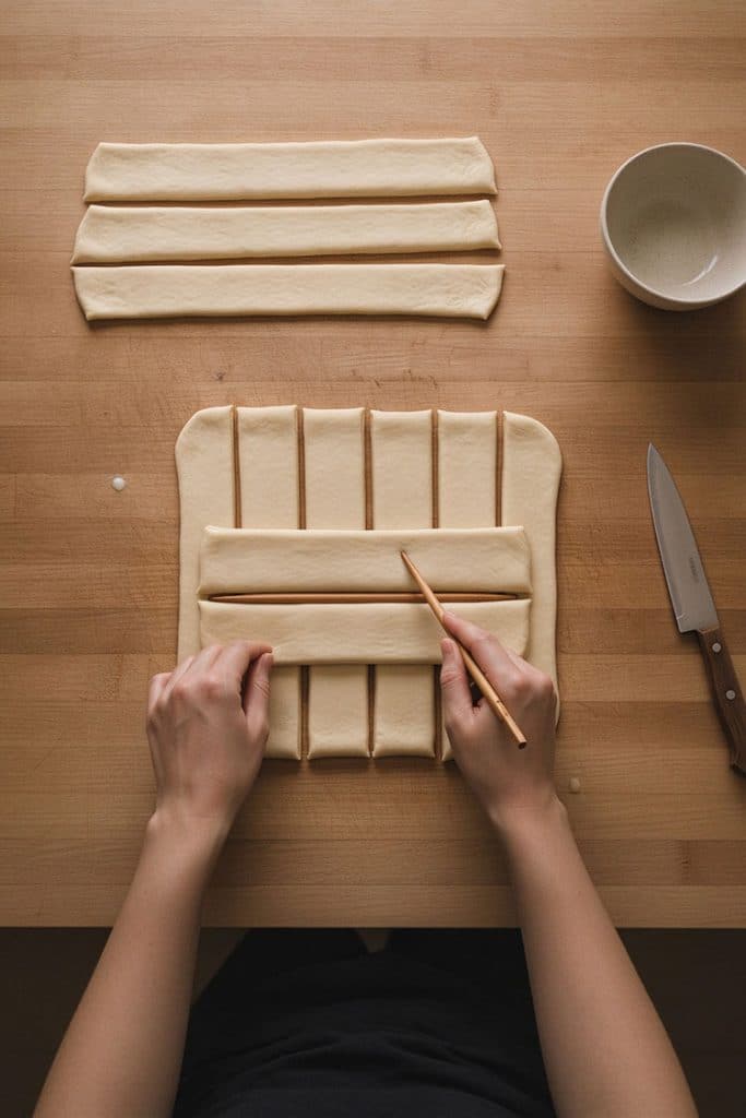 Pressing a wooden chopstick lengthwise along the center of two stacked dough strips on a wooden board.
