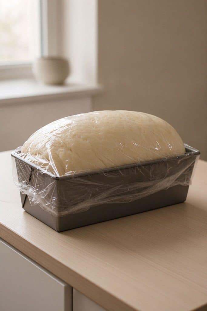 Proofed bread dough puffed high inside a metal loaf pan covered loosely with clear plastic wrap.