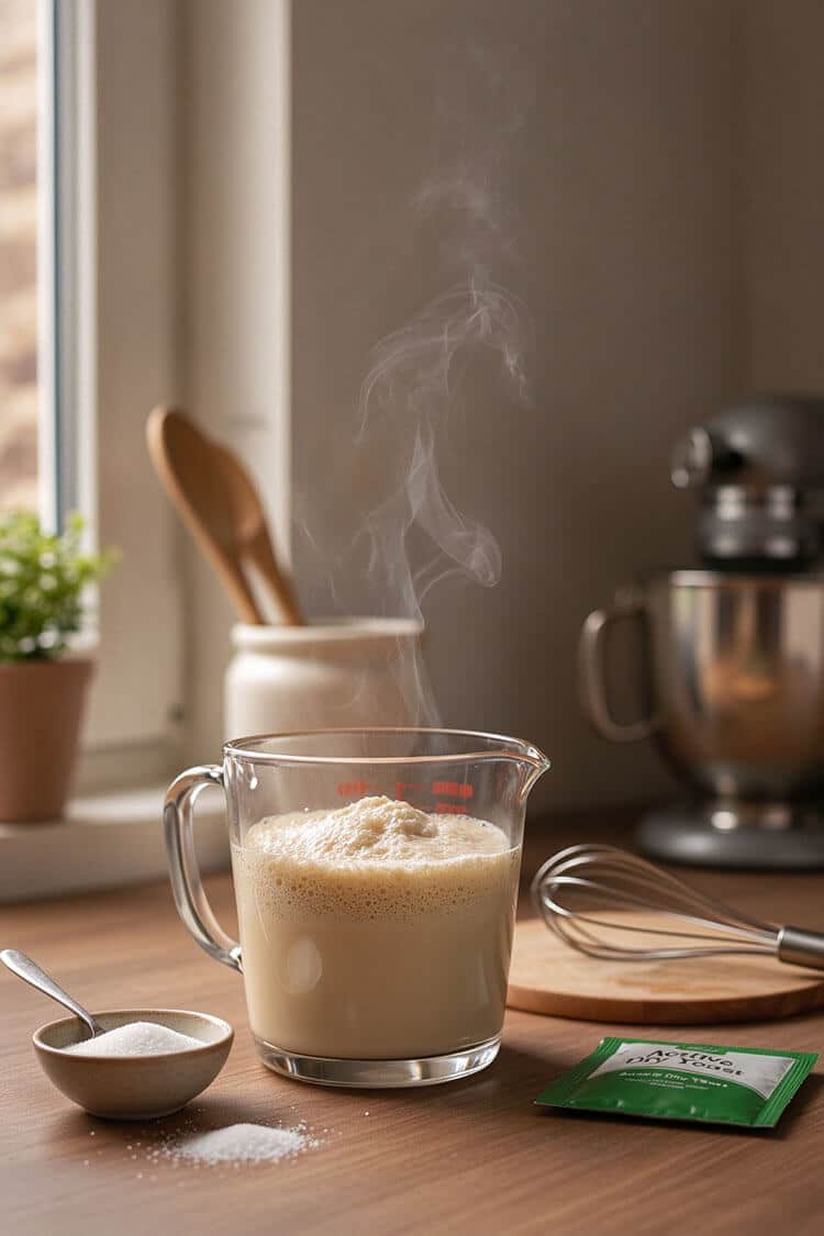Warm whole milk with a thick, foamy activated yeast head steaming inside a glass measuring pitcher next to a small bowl of sugar and a yeast packet