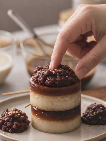 Macro close-up of a finger pressing down on the soft, chewy red bean topping and glossy two-layer put chai ko showing its springy, bouncy texture