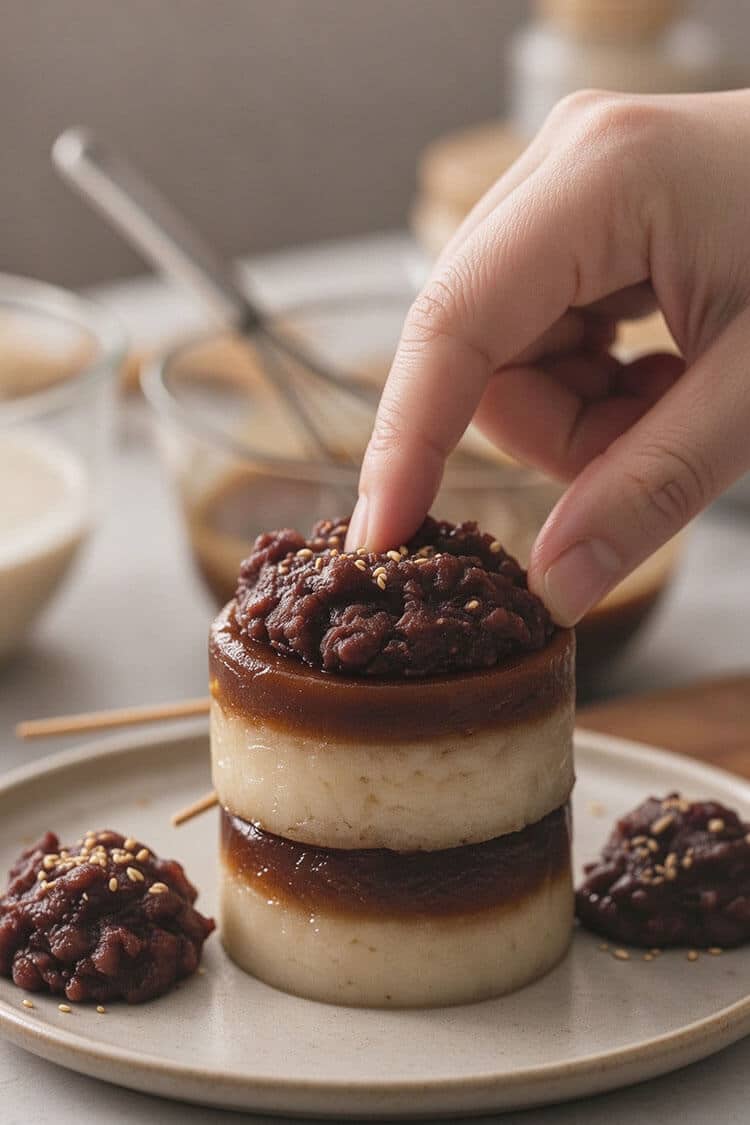Macro close-up of a finger pressing down on the soft, chewy red bean topping and glossy two-layer put chai ko showing its springy, bouncy texture