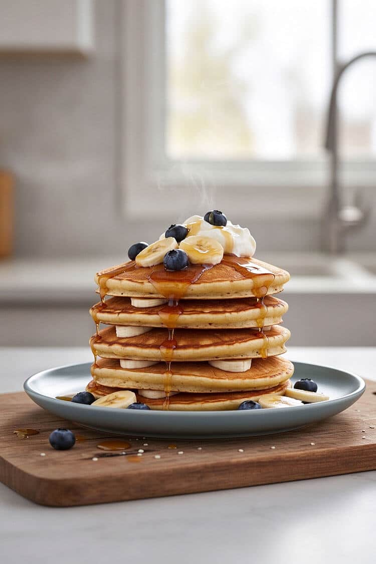 A tall stack of five thick, fluffy golden pancakes topped with whipped cream, sliced bananas, fresh blueberries, and streaming maple syrup on a grey plate and wooden cutting board