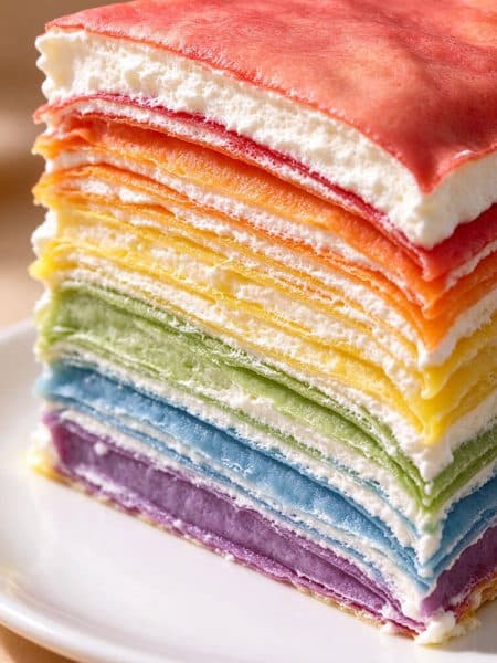 A slice of rainbow crepe cake recipe showing delicate colorful crepe layers filled with fluffy whipped cream.