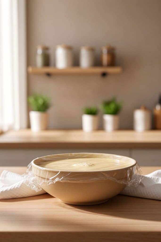 Resting egg waffle batter covered with plastic wrap in a ceramic bowl on a wooden kitchen counter.
