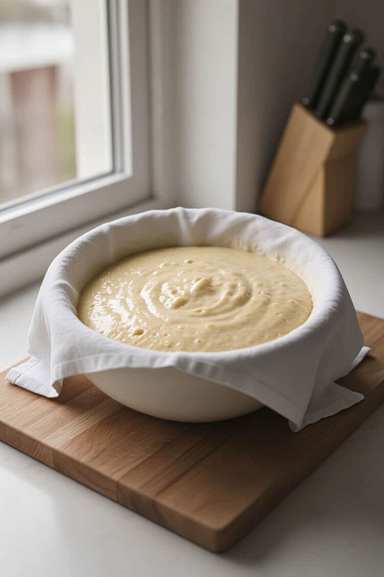 A white bowl filled with thick, rested pancake batter covered with a clean white linen cloth on a wooden board sitting on a bright windowsill
