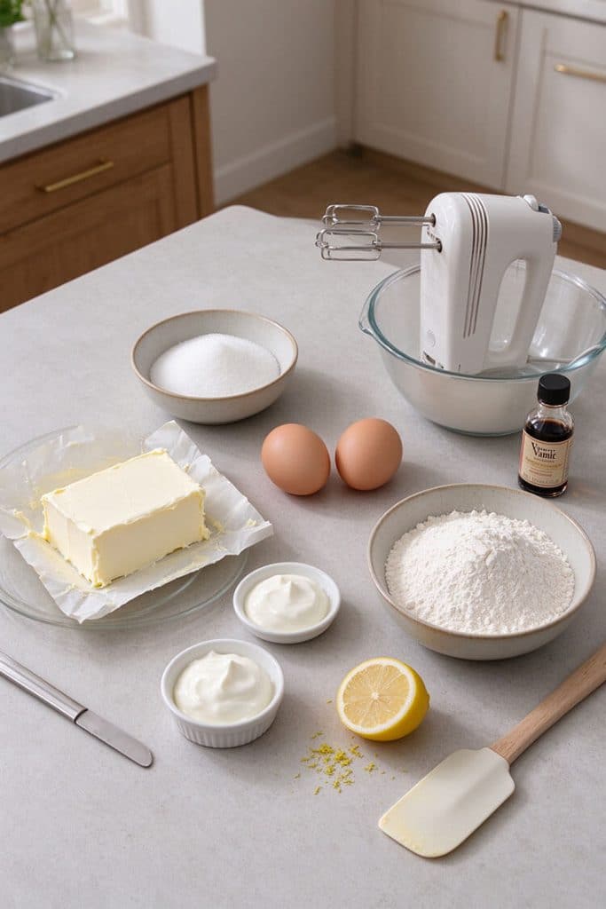 Flat lay of ingredients for rice cooker cheesecake including block cream cheese, eggs, sugar, flour, sour cream, and lemon.