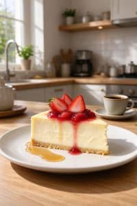 A slice of creamy rice cooker cheesecake topped with strawberry compote and fresh strawberries on a ceramic plate.