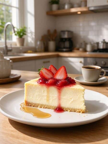 A slice of creamy rice cooker cheesecake topped with strawberry compote and fresh strawberries on a ceramic plate.