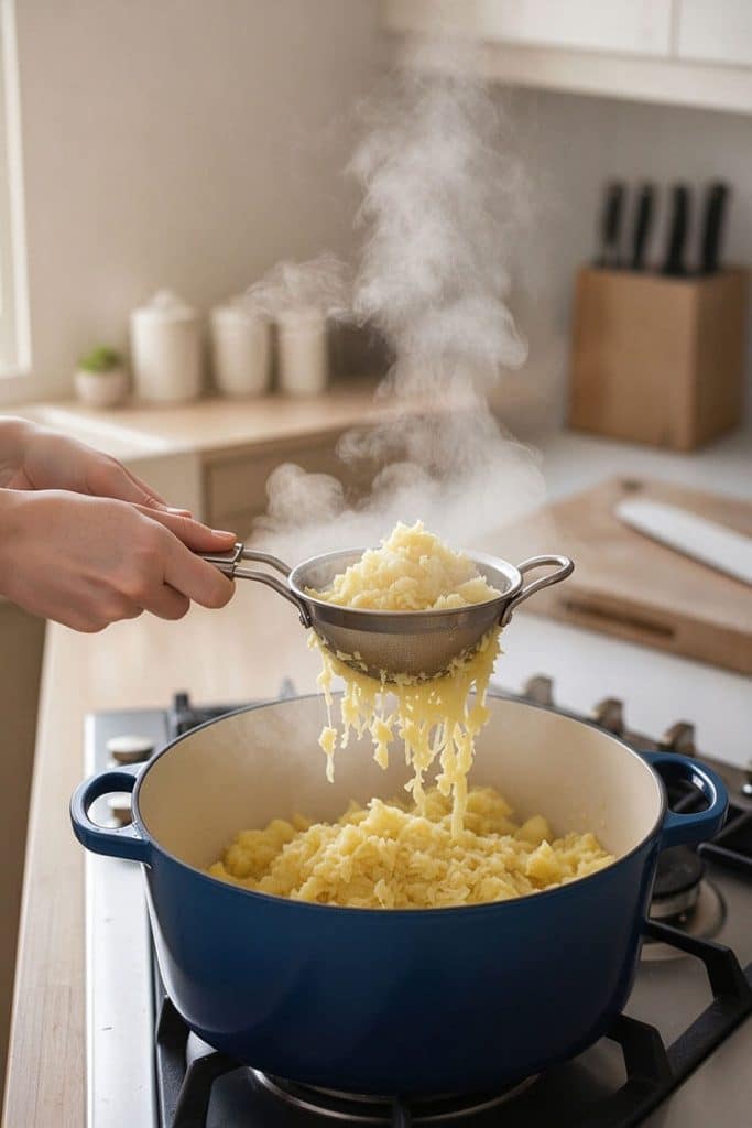 Pressing hot riced potatoes through a metal strainer into a blue enameled Dutch oven with rising steam.