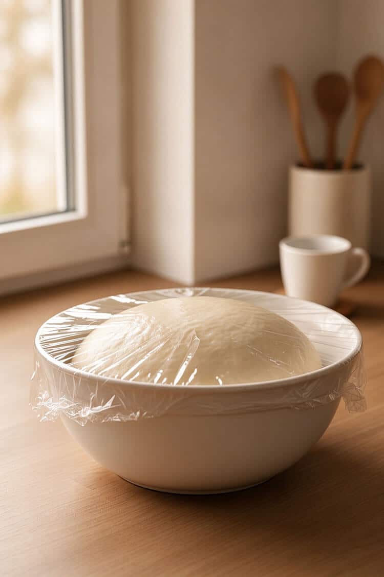 A large white ceramic bowl holding a smooth, risen ball of yeast dough doubled in size, covered tightly with plastic wrap by a sunlit window