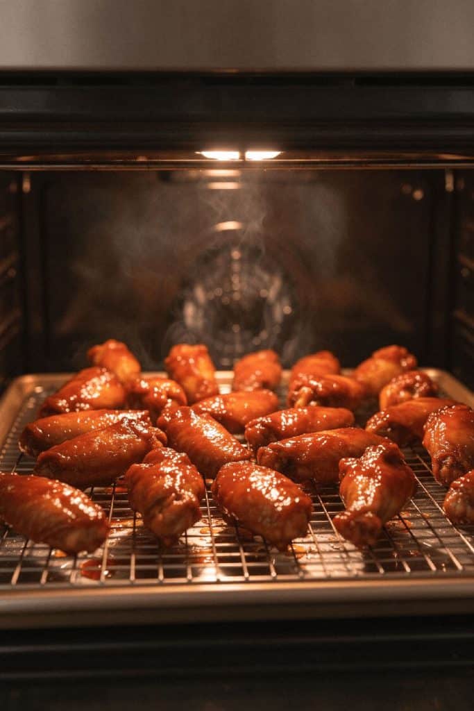 Glazed chicken wings sizzling and caramelizing under high heat on a wire rack inside a hot lit oven.