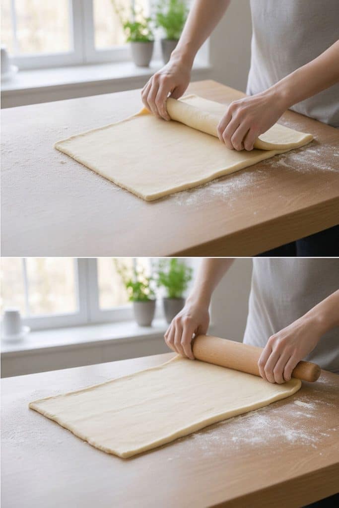 Rolling laminated pastry dough with a rolling pin and folding it into thirds on a floured surface.
