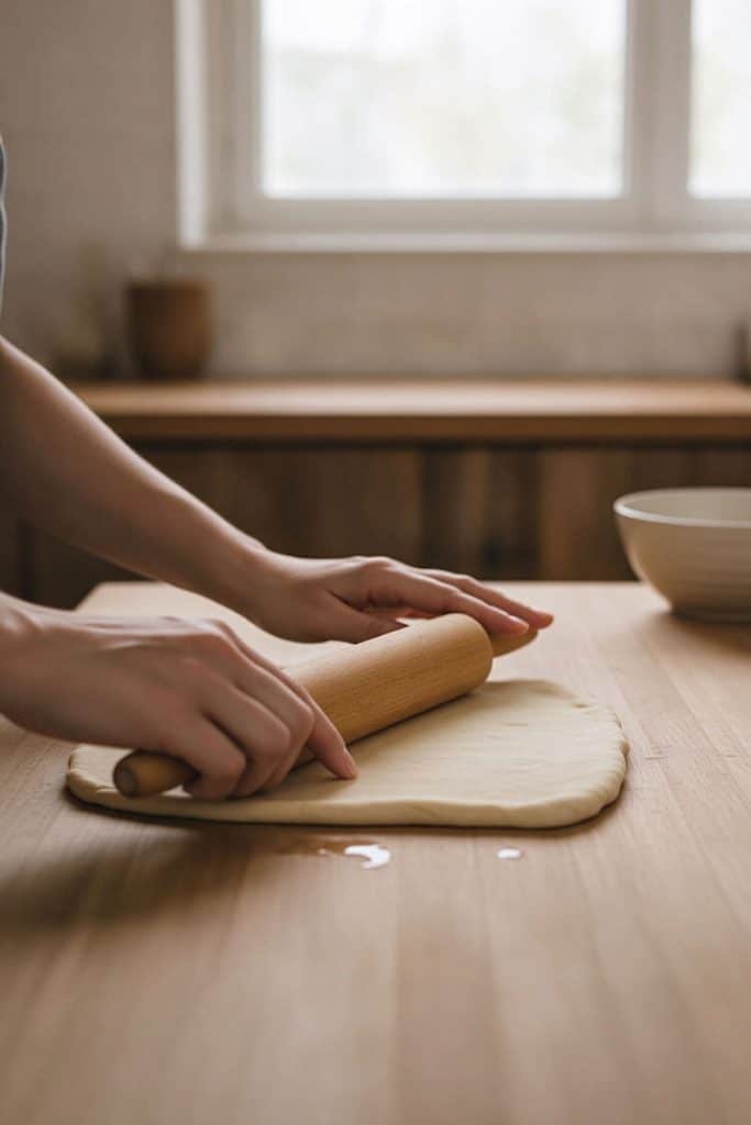 Rolling rested dough slab evenly with a wooden rolling pin on an oiled wooden countertop.