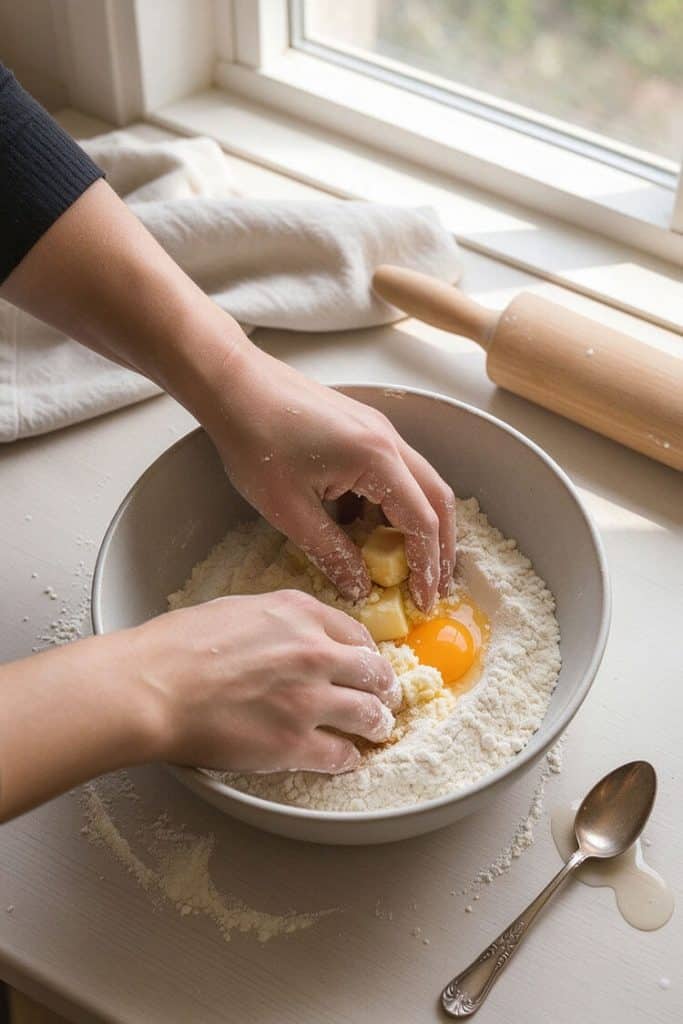 Rubbing cold butter cubes into flour and egg yolk using fingertips in a ceramic mixing bowl.