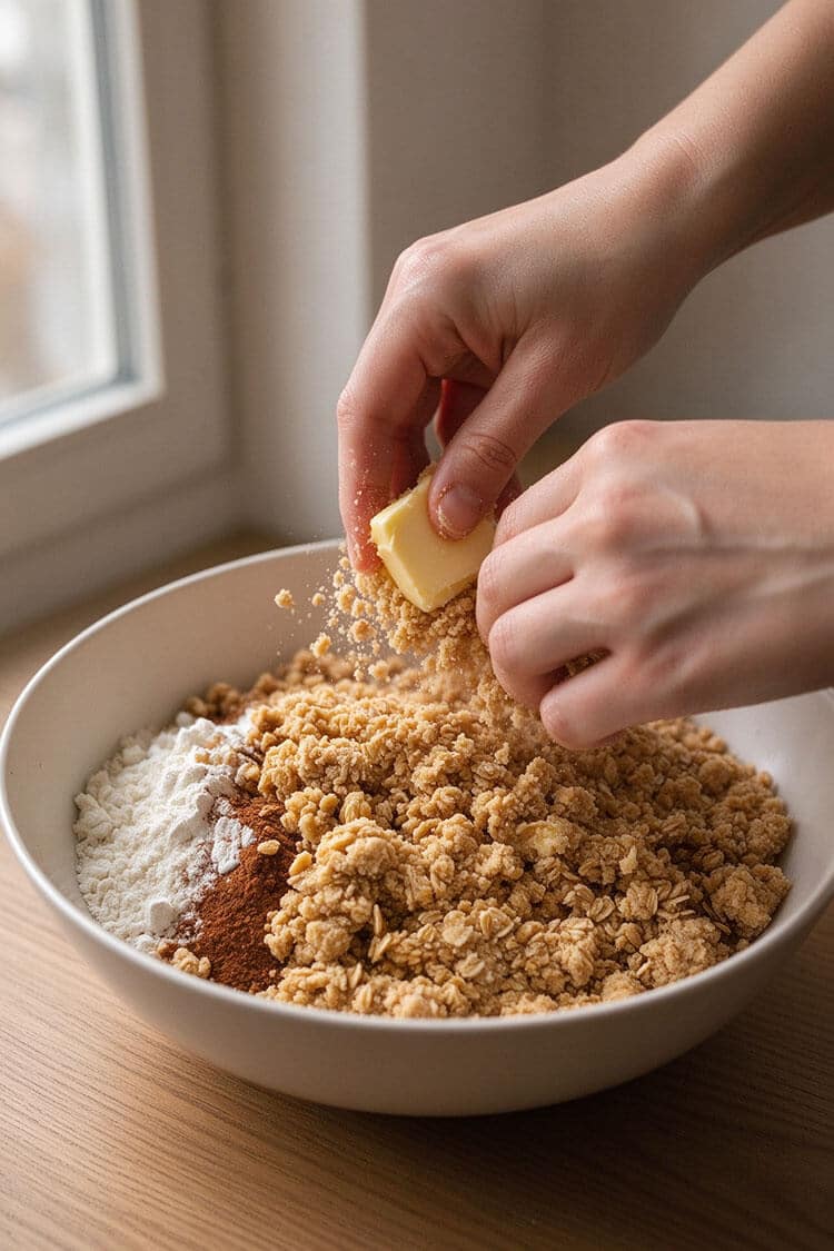 Hands using fingertips to press and rub cold butter cubes into rolled oats, flour, and brown sugar to form coarse pea-sized crumb clusters in a bowl