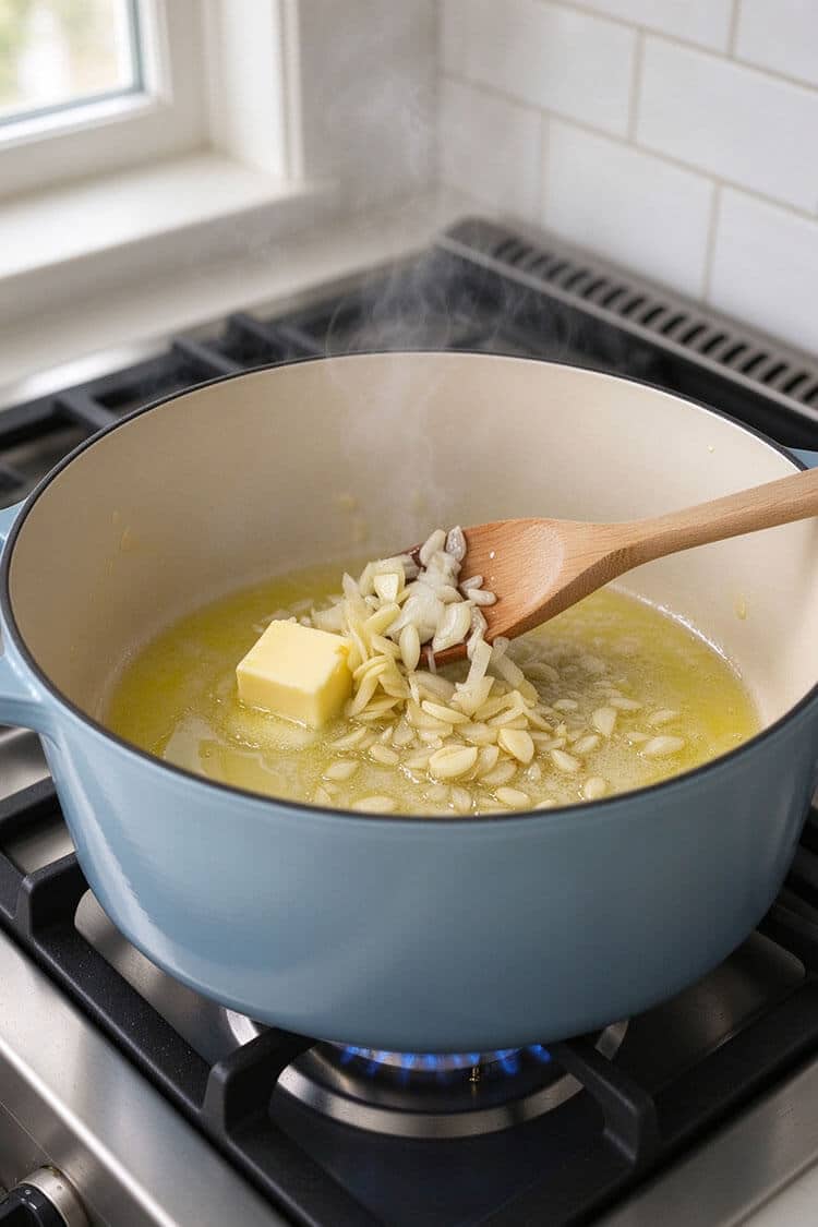 Sautéing sliced garlic cloves and diced shallots with melting butter using a wooden spoon in a blue Dutch oven pot on a gas stove