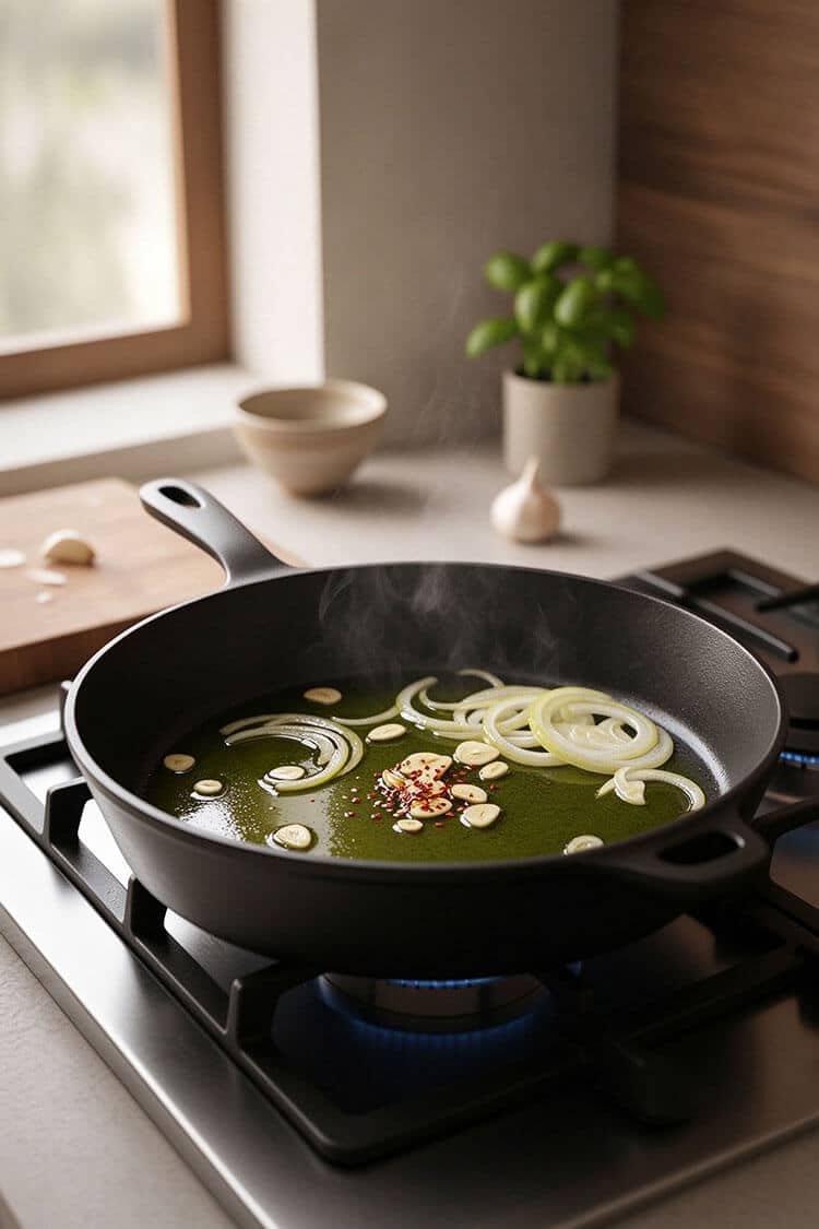 Sliced yellow onion rings, garlic slices, and red chili flakes gently warming in extra virgin olive oil inside a black cast iron skillet on a gas burner flame