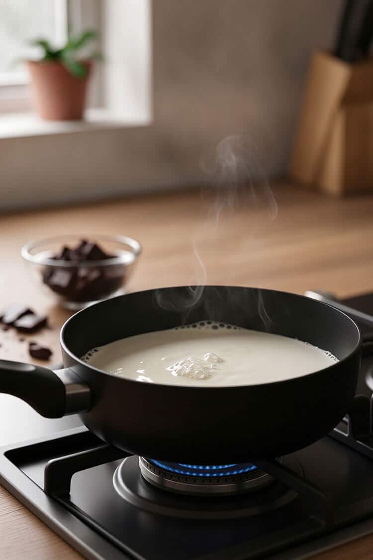 Fresh heavy cream heating in a small black saucepan on a gas stovetop until tiny bubbles simmer gently around the edges with light steam rising