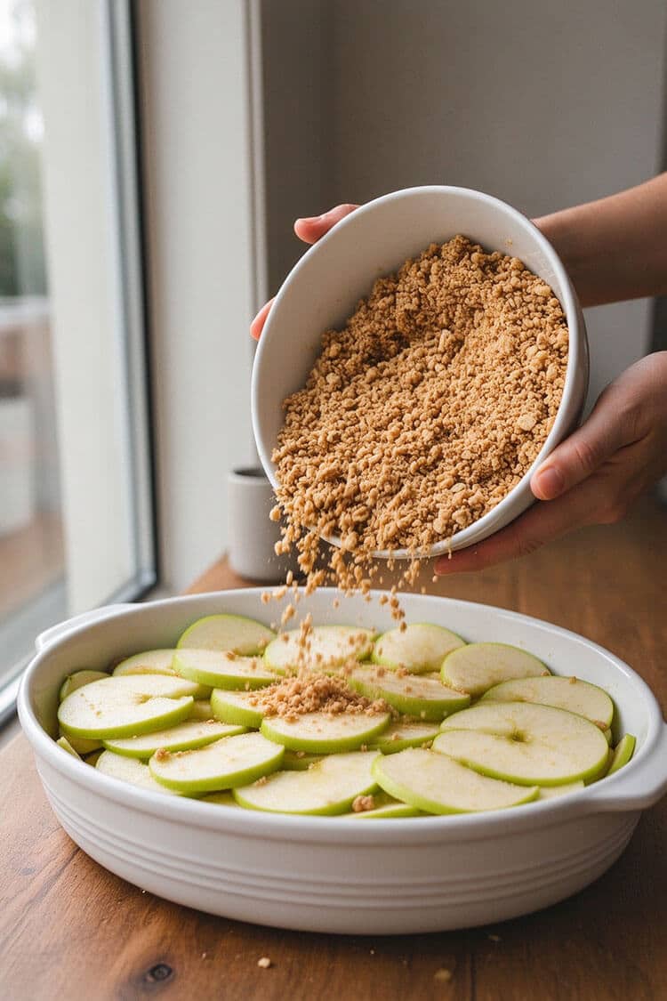 Hands pouring loose oat crumble clusters from a white bowl evenly over sliced Granny Smith apples layered in a white oval baking dish