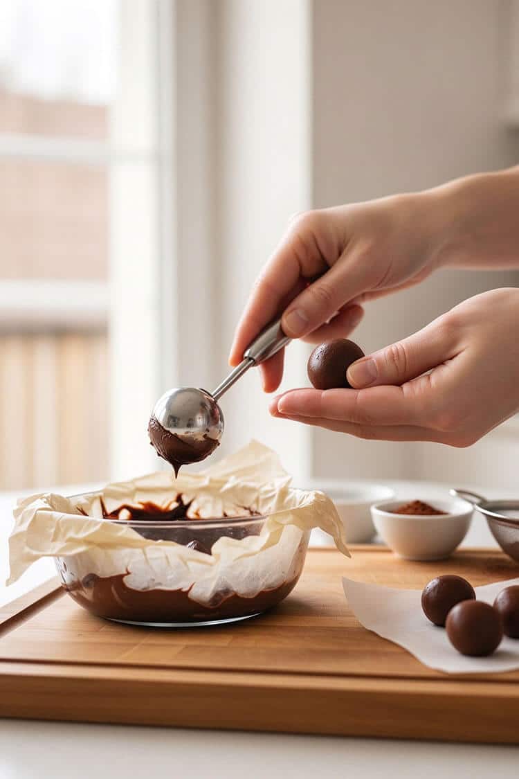 Hands using a small stainless steel melon baller scoop to portion chilled firm ganache and quickly rolling smooth chocolate balls on parchment paper