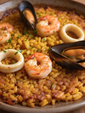Macro close-up of tender seared shrimp, open black mussels, squid rings, and golden saffron Bomba rice with caramelized crispy socarrat edges