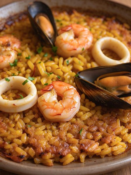 Macro close-up of tender seared shrimp, open black mussels, squid rings, and golden saffron Bomba rice with caramelized crispy socarrat edges