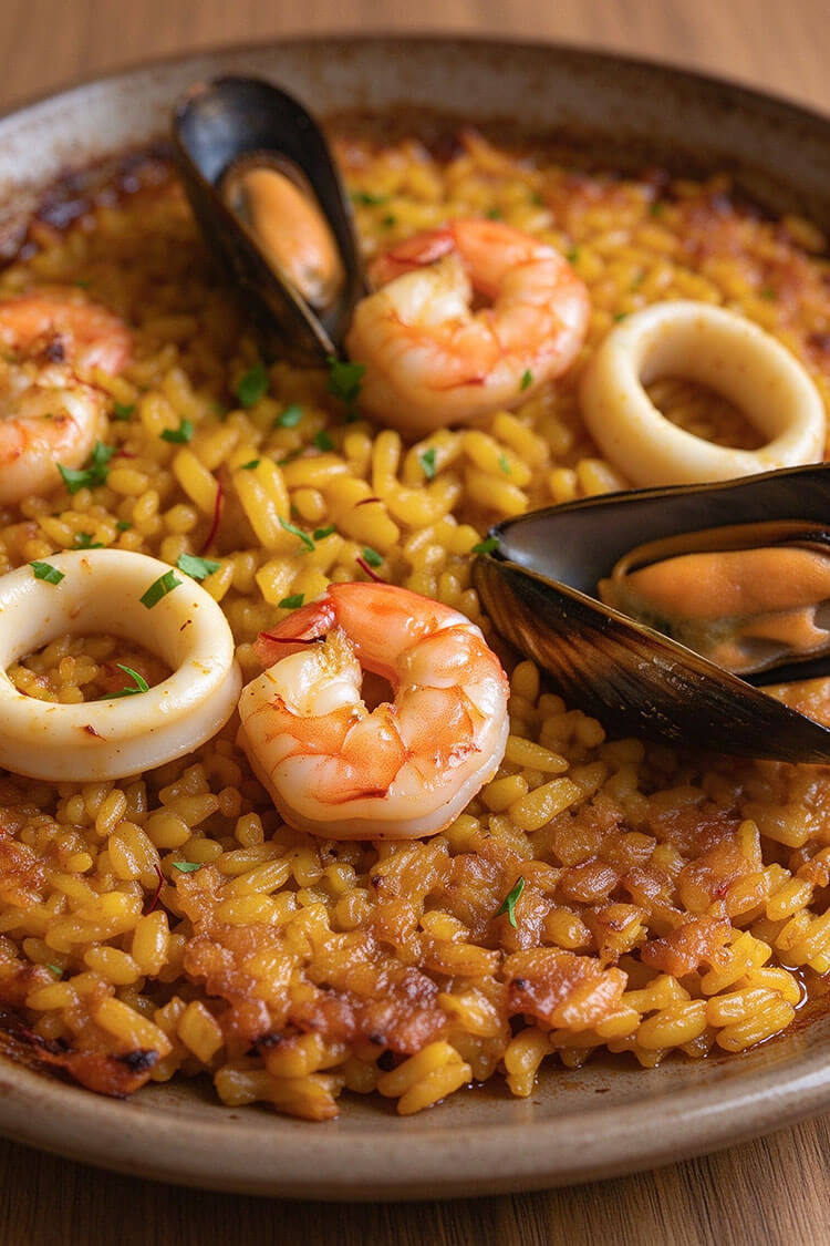 Macro close-up of tender seared shrimp, open black mussels, squid rings, and golden saffron Bomba rice with caramelized crispy socarrat edges