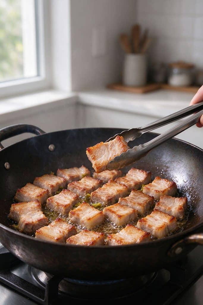 Tongs holding a seared golden-brown pork belly piece over a sizzling cast-iron wok on the stovetop.
