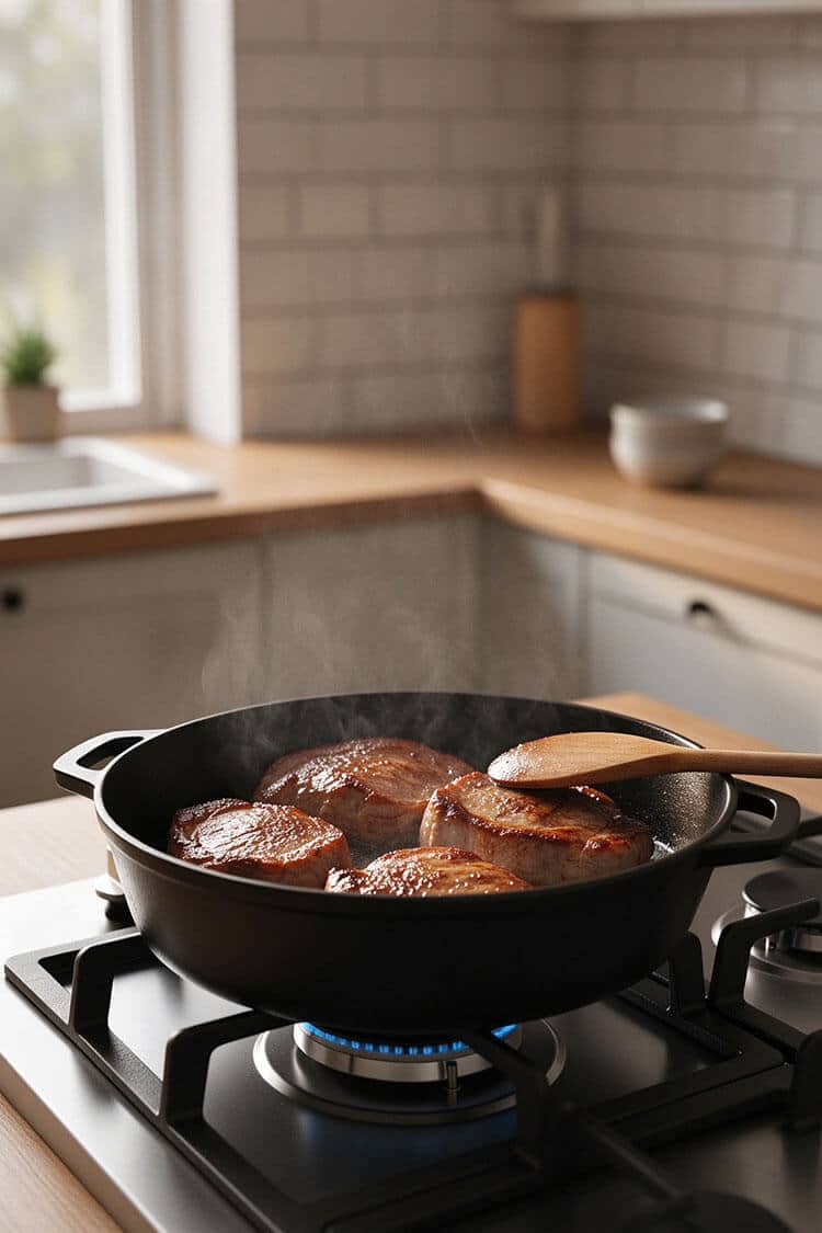 Searing thick, marbled pork neck pieces with a golden-brown crust in a black cast iron skillet over a blue gas flame on the stove