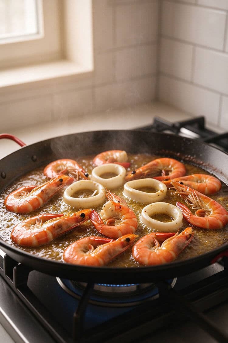 Searing shell-on shrimp and calamari squid rings in shimmering hot olive oil in a wide paella pan on a gas stovetop with steam rising