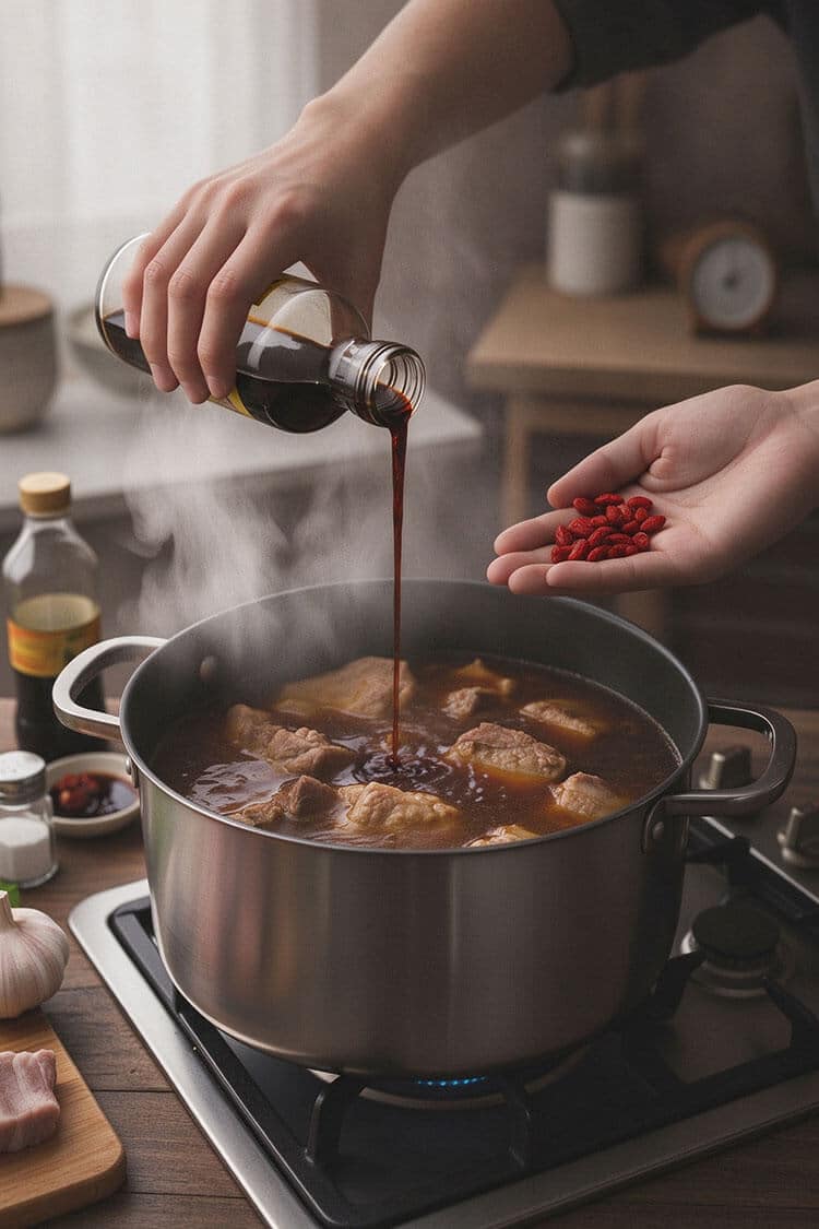 A hand pouring dark soy sauce from a glass bottle into steaming simmering Bak Kut Teh broth while holding red dried goji berries in the other palm