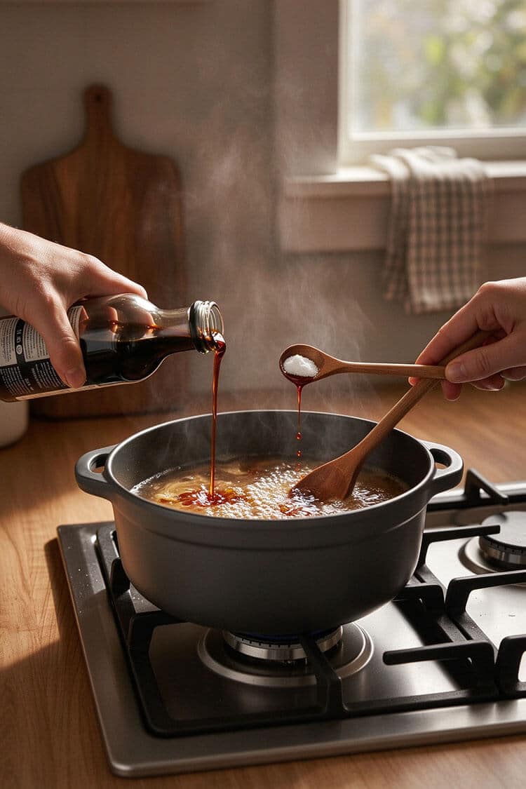 Pouring dark soy sauce from a bottle and adding white pepper from a wooden spoon into a steaming pot of bubbling broth on a gas stove