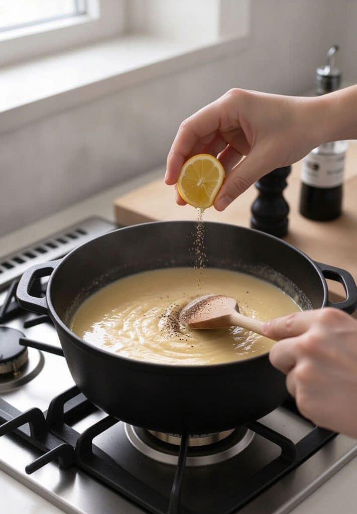 Squeezing fresh lemon juice and seasoning with ground black pepper and nutmeg over melted cheese in a saucepan.