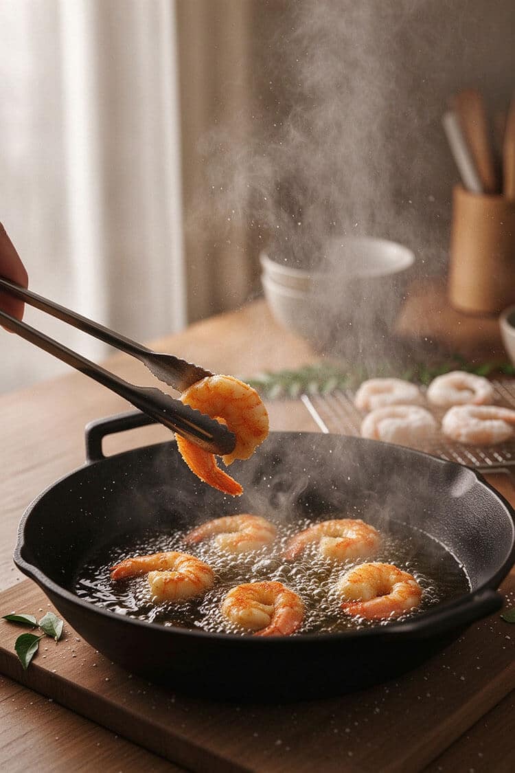 Lifting golden, sizzling crispy fried shrimp with metal tongs from a hot cast iron skillet with rising steam