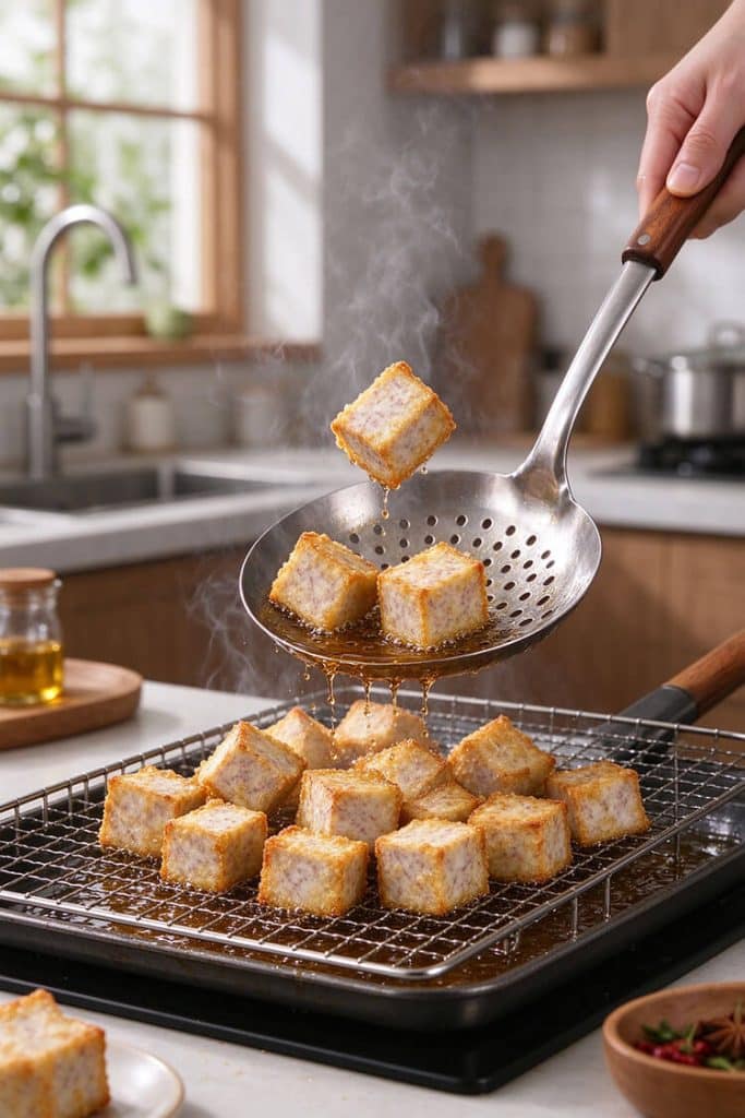 Draining golden crisp deep fried taro cubes on a wire rack with visible steam rising from the batch.