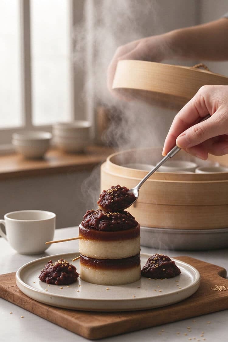 A metal spoon adding sweet red bean paste and sesame seeds onto a stacked two-layer put chai ko held with wooden skewers on a ceramic plate