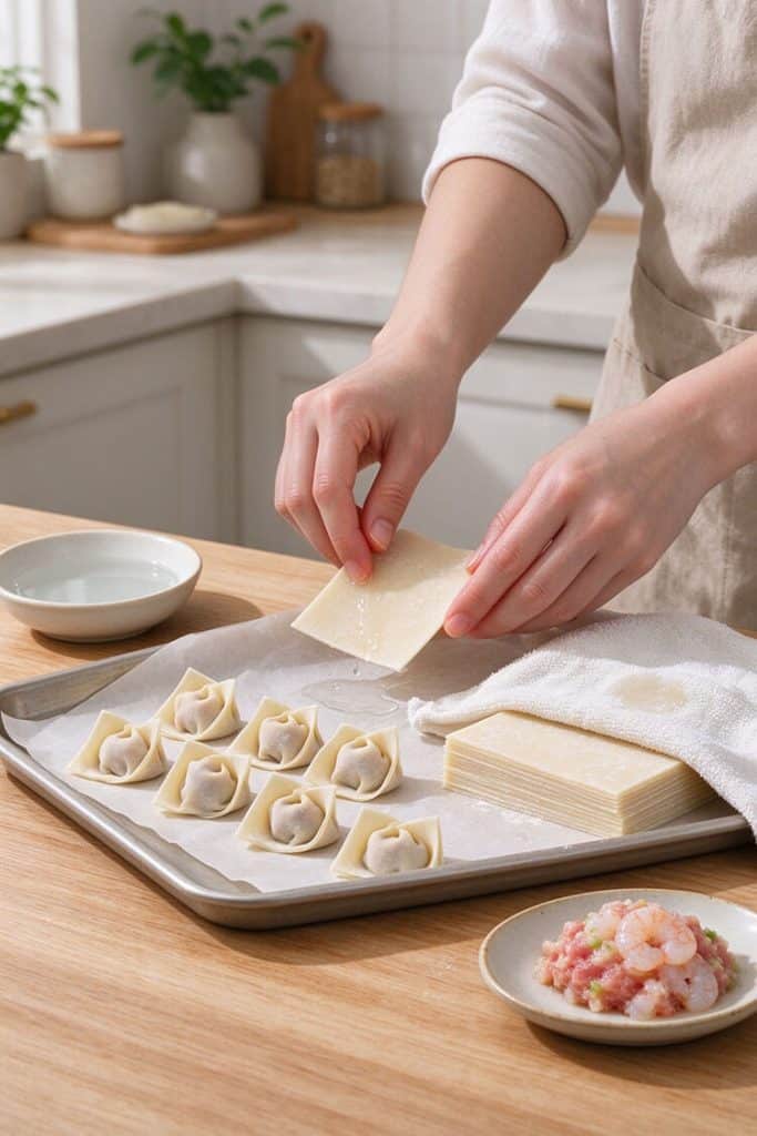 Setting up a wonton folding station with wrappers covered by a damp towel, water bowl, and raw wontons on parchment paper.