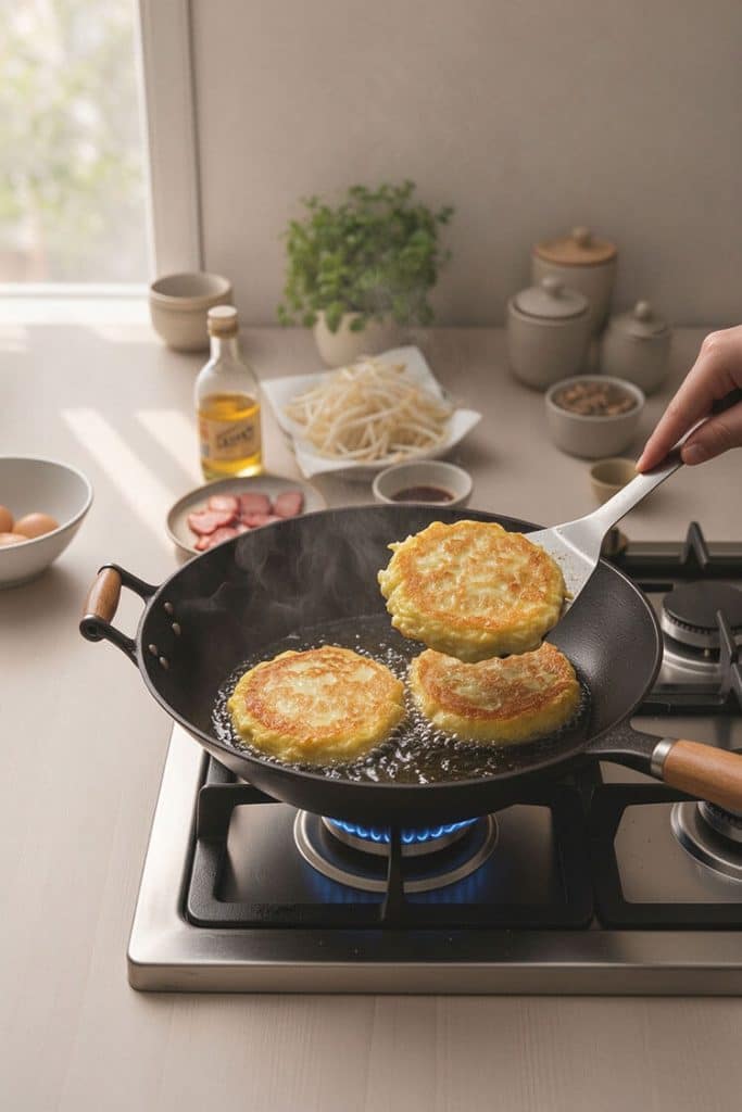 Shallow frying three thick golden egg foo young patties in a wok over medium-high heat with a metal spatula turning one patty over.