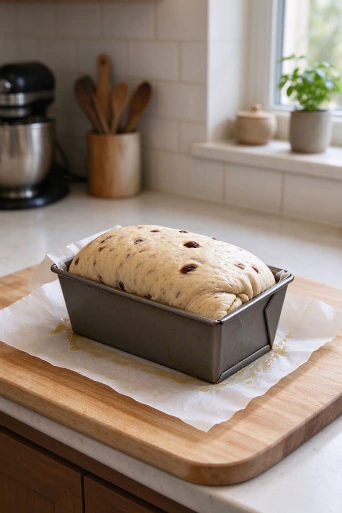 Shaped bread dough rising in a parchment-lined 9x5 inch metal loaf pan with the domed top 1 inch above the rim.
