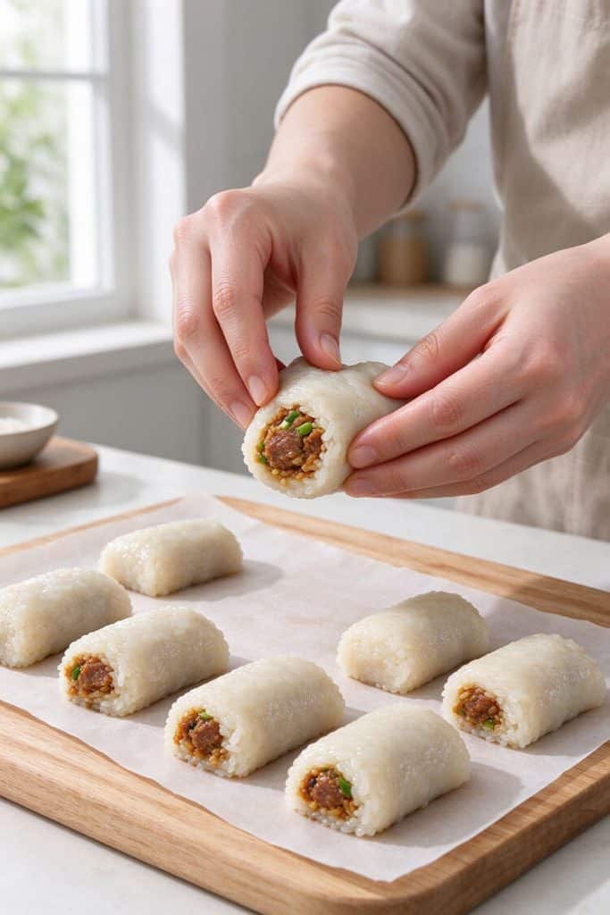 Hands shaping filled rolls into tight, compact cylinders on a parchment-lined wooden prep board.