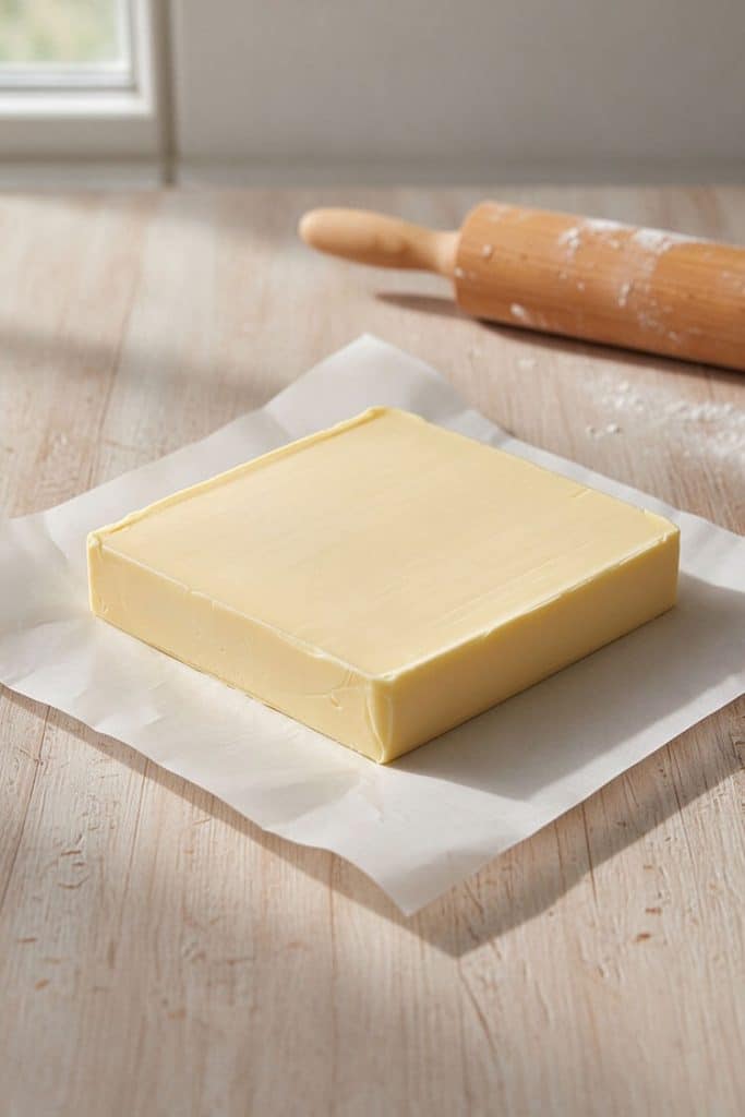 Square block of chilled European butter resting on parchment paper next to a wooden rolling pin.