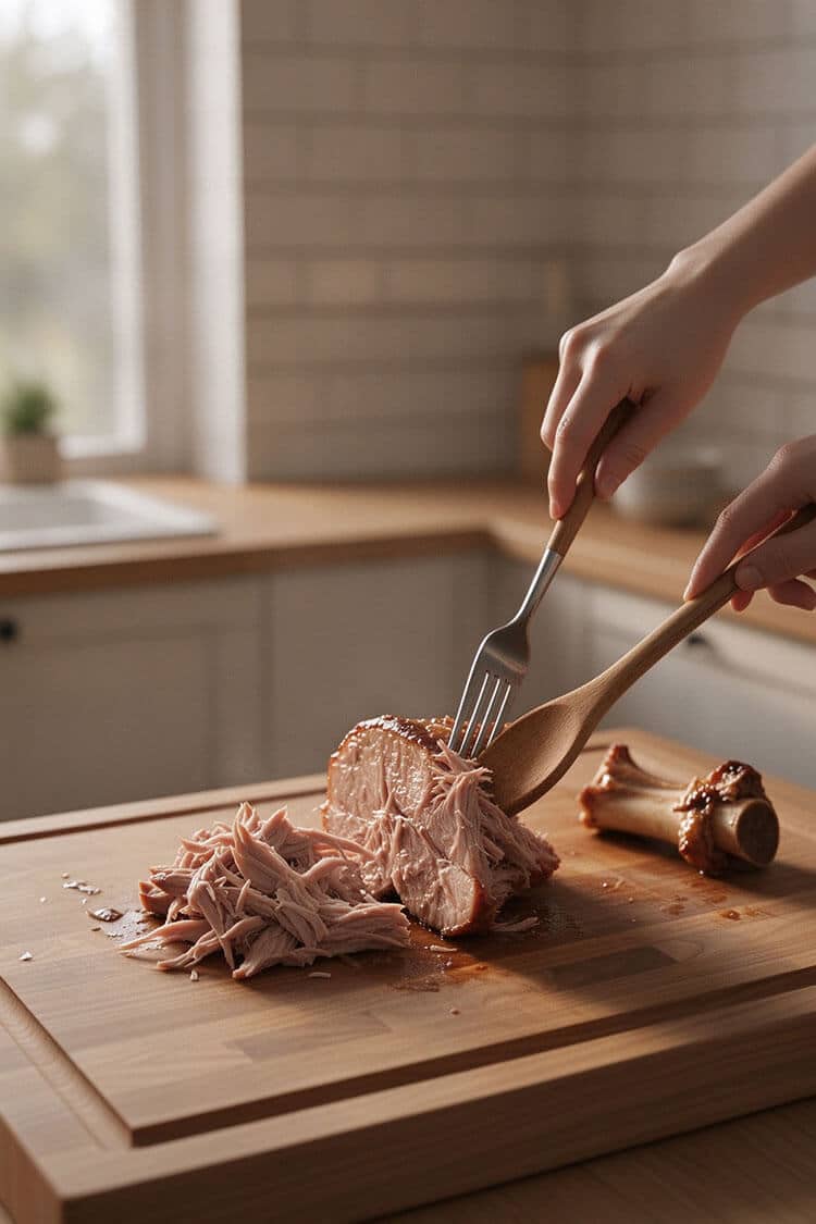 Hands using a metal fork and wooden spoon to shred tender, juicy braised pork neck on a wooden cutting board in a sunlit kitchen