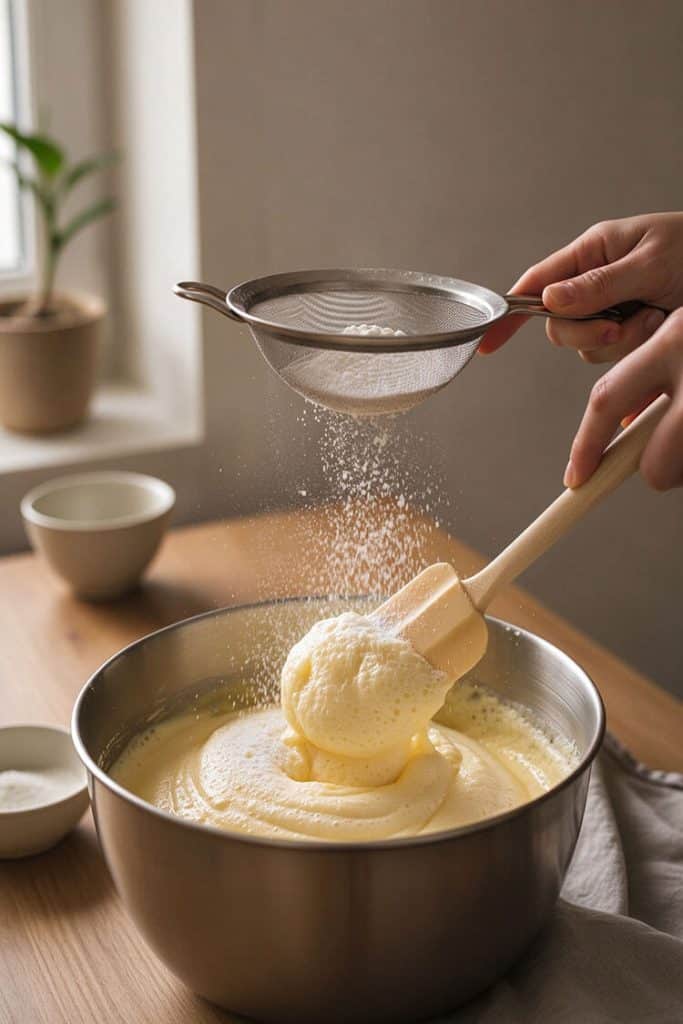 Sifting flour, cornstarch, and baking powder through a fine sieve into whipped egg foam while folding gently with a silicone spatula.
