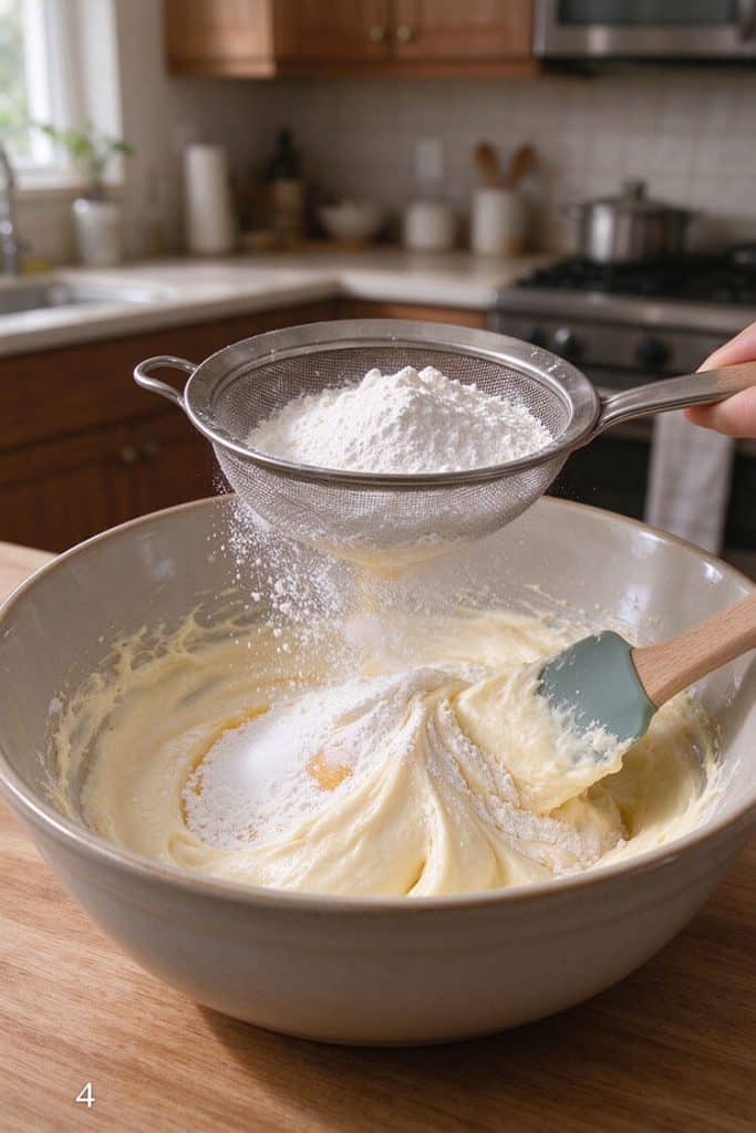 Sifting cake flour and sugar mixture through a fine wire mesh strainer over the whipped meringue batter in a bowl.