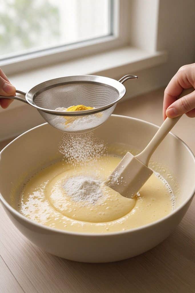 Sifting flour, cornstarch, and custard powder through a fine mesh strainer into the wet batter bowl with a spatula ready to fold.