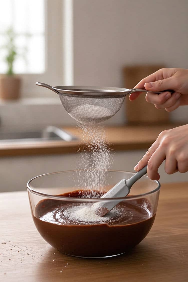 Hands holding a fine mesh strainer sifting all-purpose flour over dark chocolate batter in a glass bowl with a spatula ready to fold