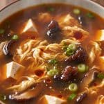 Extreme macro close-up of delicate silky egg ribbons, glossy dark wood ear mushrooms, tender tofu cubes, and red chili oil droplets in a rich broth