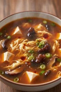 Extreme macro close-up of delicate silky egg ribbons, glossy dark wood ear mushrooms, tender tofu cubes, and red chili oil droplets in a rich broth